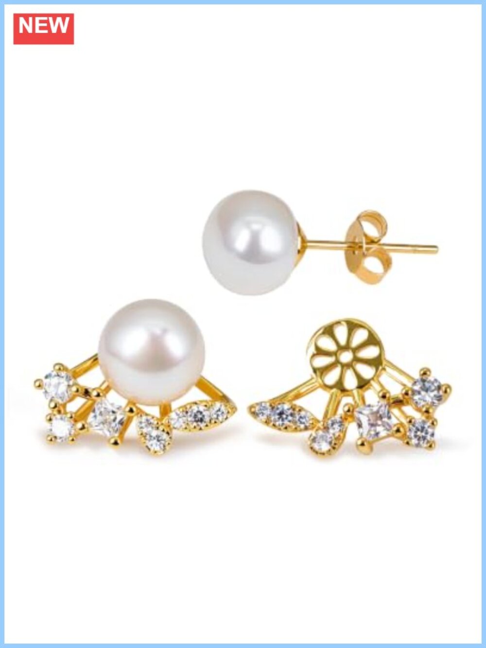 8mm Freshwater Pearl Stud Earrings with CZ Jackets Gold Plated